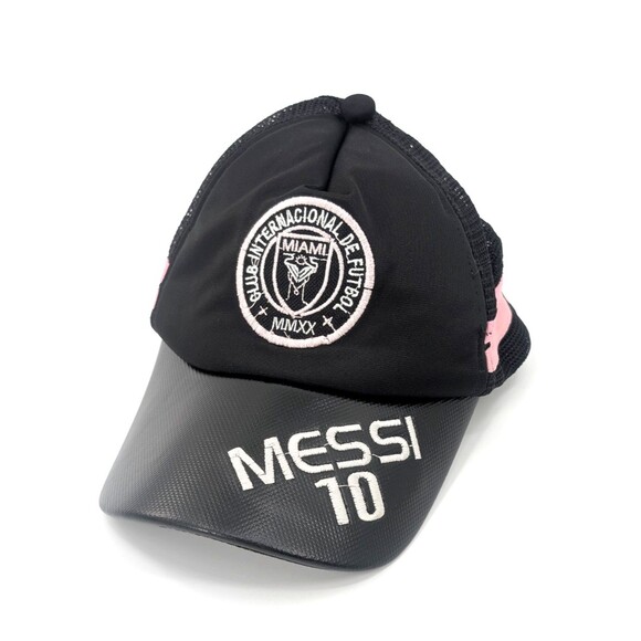 Messi 10 Black SnapBack Pink Stripe Faux Leather Miami Baseball Cap Hat - Picture 1 of 5